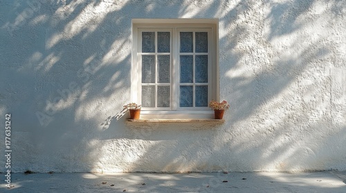 A white window with paneled glass, flanked by flower pots, against a textured white wall
