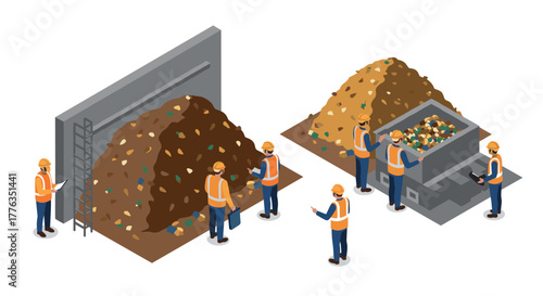 Construction workers managing waste piles in isometric design for industrial waste management