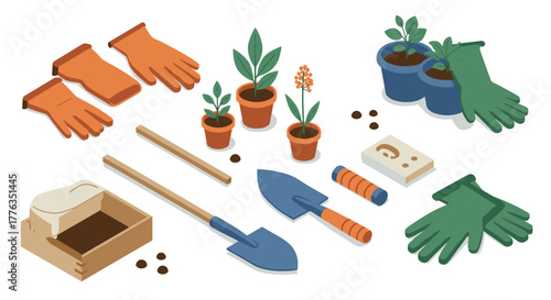 Isometric gardening tools and plants set with gloves and shovels