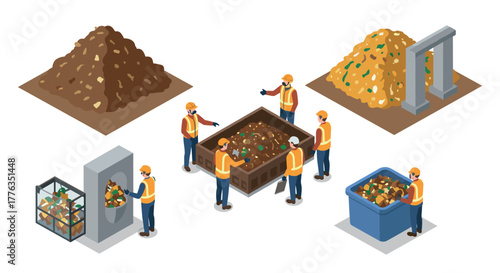Construction workers handling debris and waste in isometric style