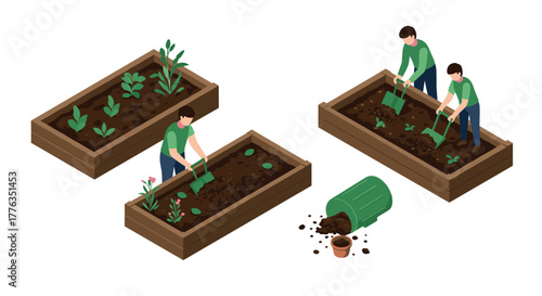 Isometric gardening scene with people planting in raised beds and watering plants