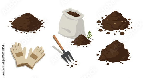 Gardening tools and soil piles for planting and cultivation