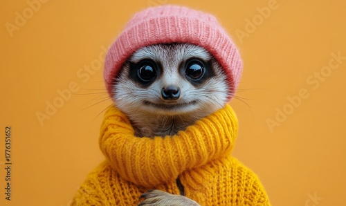 Meerkat dressed in human clothes, creating an abstract art background concept. This whimsical image blends humor with creativity, offering potential for abstract art surrealist design, Generative AI