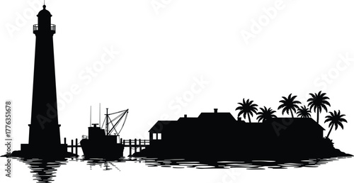 Coastal village silhouette vector—lighthouse, fishing boat, dock, palm trees, waterfront cabins for tropical, nautical, and travel themes 