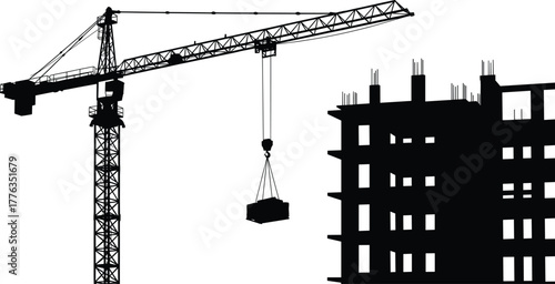 Construction site silhouette—tower crane lifting load beside multi-story building under construction, black vector illustration of urban development