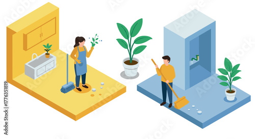 Isometric design of people cleaning interior spaces with plants and tools