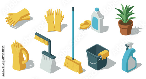 Isometric household cleaning tools and supplies with yellow gloves and potted plant