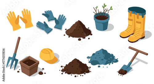 Gardening tools and soil elements in isometric style for spring preparation