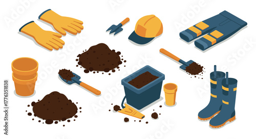 Gardening tools and equipment isometric set for planting and soil preparation
