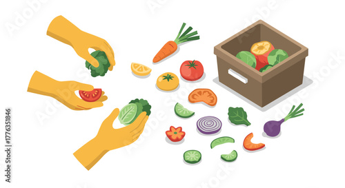 Colorful flat design of organic vegetables with hands and box of fresh produce