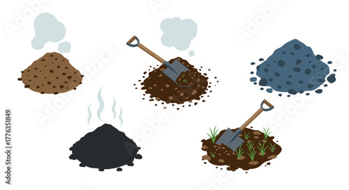 Gardening shovel and soil piles with steam and sprouts illustration