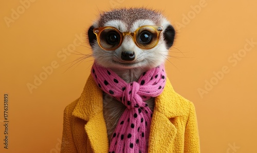 Meerkat dressed in human clothes, creating an abstract art background concept. This whimsical image blends humor with creativity, offering potential for abstract art surrealist design, Generative AI