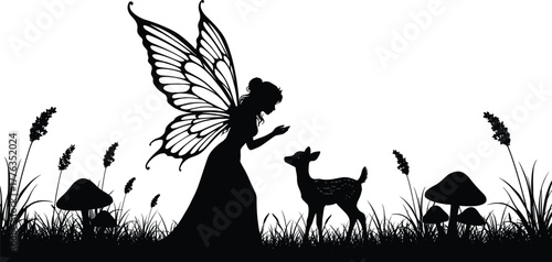 Fairy and fawn silhouette vector—magical forest scene with wings, mushrooms, flowers, and grass for fantasy and nature themes
