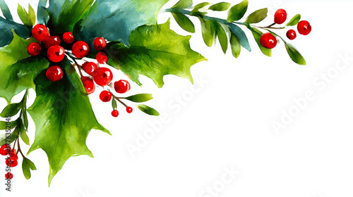 A watercolor painting of a red and green Christmas tree with berries with copyspace