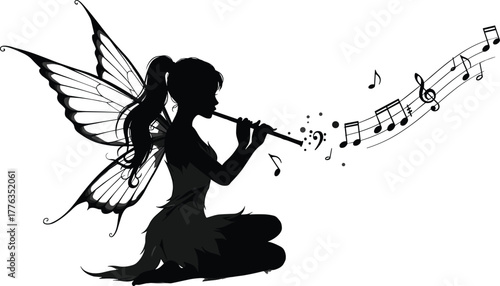 Fairy playing flute silhouette vector—ornate wings, musical notes, seated pose for fantasy, magical, and storybook themes