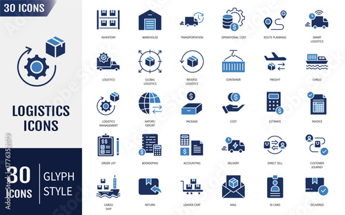 Logistics solid icon set. Containing icons: distribution, shipping, transportation, delivery, cargo, freight, supply chain, export and import and more. Vector illustration