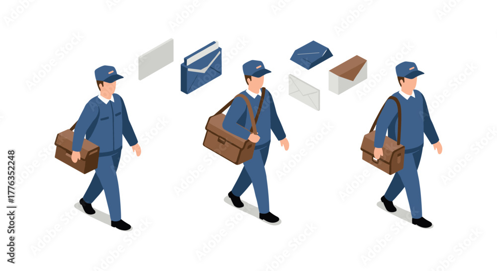 Obraz premium Isometric postal delivery workers and mail icons set with envelopes