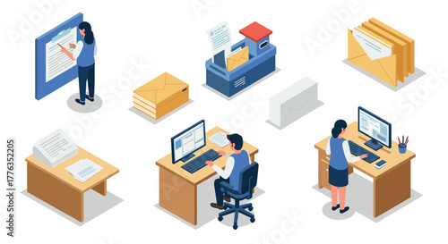 Office workflow and communication in isometric design featuring desk work and digital correspondence