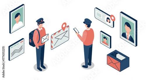 Modern postal service concept with mail delivery and online communication in isometric style