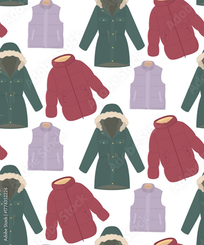 Seamless pattern of winter colorful outerwear. Stylish background with vests, parka jackets and puffers