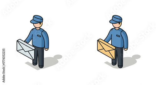 Isometric mail carrier delivering envelopes in blue uniform with shadow effect