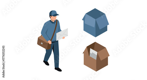 Isometric design of courier delivery with mail carrier and packages