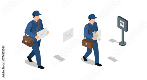 Isometric mail delivery process with courier walking and delivering envelopes