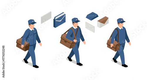 Isometric postal delivery workers and mail icons set with envelopes