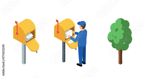 Isometric mailbox and delivery person scene with tree