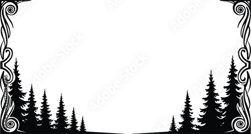 Forest border silhouette vector—pine trees with tribal swirl frame for nature, seasonal, invitation, and decorative design themes