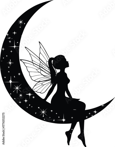 Fairy sitting on crescent moon silhouette vector—ornate wings, starry night composition for fantasy, celestial, and storybook themes