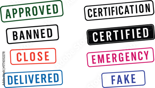 Colorful Label Badges Set with Text Icons — Approved, Certified, Emergency, Fake