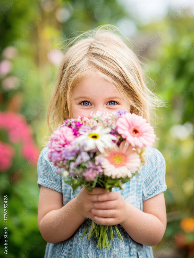 Fototapeta premium Sweet portrait of a smiling young child hiding behind a vibrant bouquet of flowers (daisies, gerbera, mums) in a sunny garden. Ideal for childhood, spring, gift-giving, nature, and innocence concepts