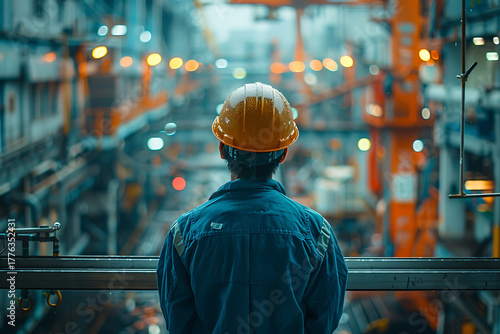青い作業服を着た日本人作業員の後ろ姿（黄色ヘルメット・製造現場）