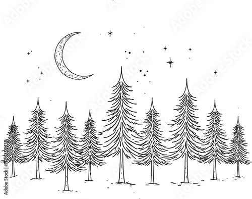 Moonlit pine forest line art vector—crescent moon, stars, layered trees for nature, nightscape, and wilderness-themed compositions