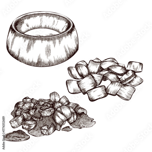 Vector graphic image of a bowl for food for dogs and cats, as well as liquid and dry food