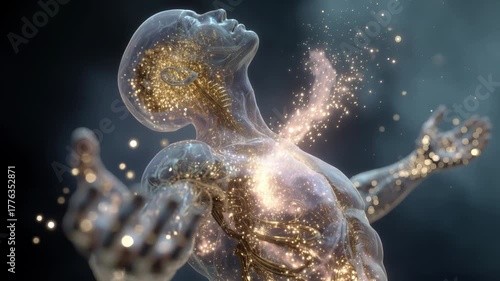Translucent human body showing the nervous system releasing its soul, represented by glowing golden particles, into the universe as a concept of life after death, spiritual awakening or meditation