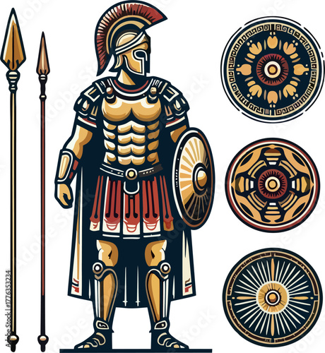 Spartan Hoplite Warrior Vector Illustration with Golden Armor, Spears, and Ancient Greek Shields – Historic Cartoon