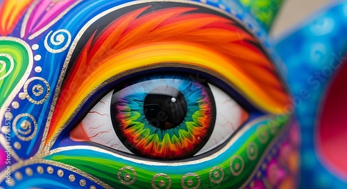 A vibrant colorful intricately painted eye dominates the frame exhibiting detail