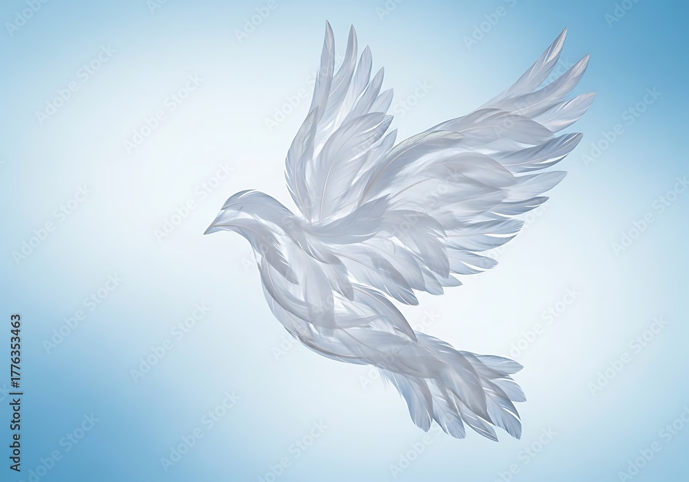 Fototapeta premium A graceful white dove in mid flight against a soft blue gradient