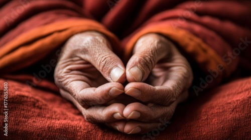 Elderly hands resting on orange blanket