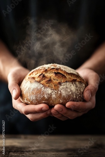 Hands presenting steaming round bread