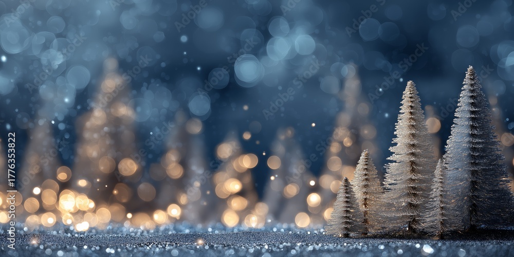 Fototapeta premium Mini frosted Christmas trees with sparkling bokeh in a snowy scene.