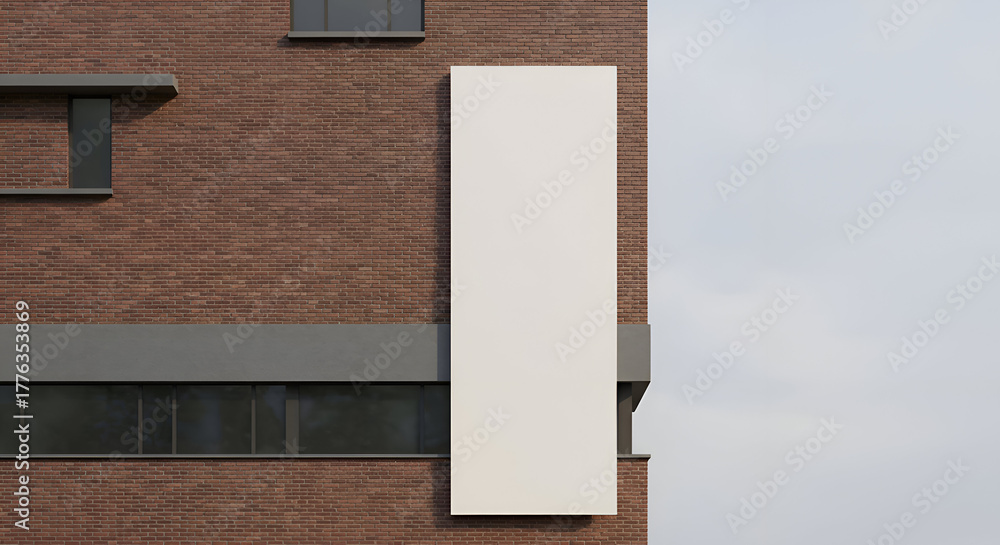 Fototapeta premium Blank billboard on a brick building exterior with dark gray accents. Empty advertising space on a modern industrial structure against a light sky.