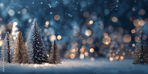 Snow-covered holiday trees with soft lights in a winter wonderland.