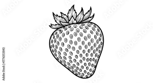 Vector illustration of a single strawberry with seeds and leaves, detailed line art, isolated on white background