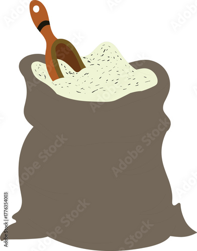 Rustic brown bag overflowing with flour and wooden scoop, perfect for baking illustrations and heritage food brands using artisanal grain products