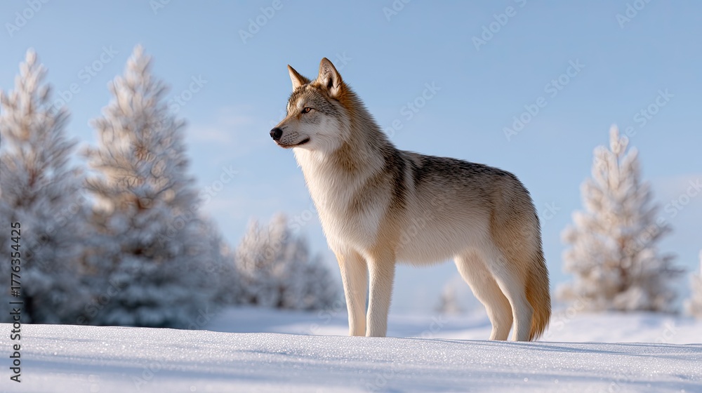 Obraz premium Majestic Wolf Standing in Snowy Landscape Beneath Clear Blue Sky with Frosty Trees in Background, Reflecting Beauty of Winter Nature