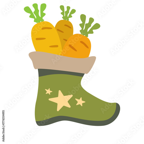 Winter green boots with carrot inside and stars, symbol of Sinterklaas. Sinterklaas cartoon hand drawn shoes with carrot. Saint Nicholas Day Poster Vector, Dutch Celebration Card with Gift in Boot