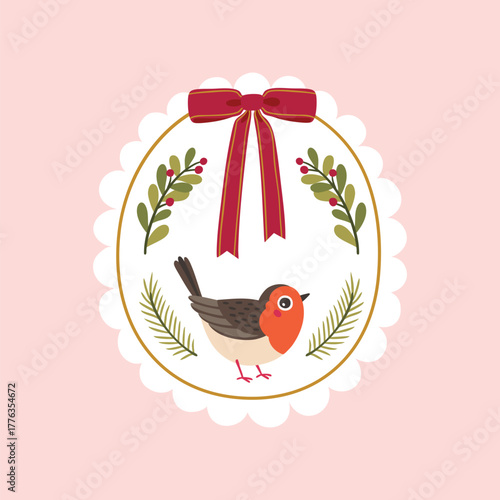 Cute Christmas robin bird in a round, decorative label tag with holly, pine, and a red ribbon. Hand-drawn festive emblem for gifts, branding, and traditional holiday decor. Charming vintage motif.